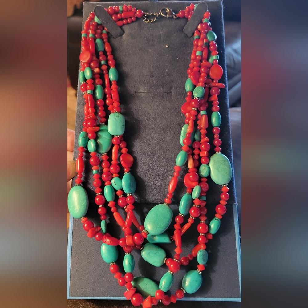 Genuine Coral, Turquoise & Silver Beaded Necklace.